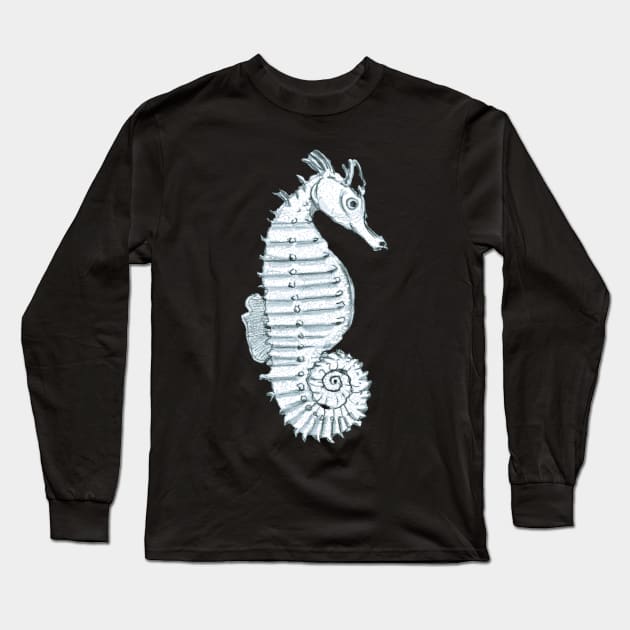 Pencil Sketch of a Seahorse on Pale Blue Long Sleeve T-Shirt by WaterGardens